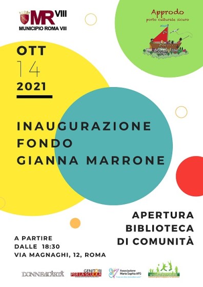 Locandina di inaugurazione della Biblioteca ad Approdo con annessione Fondo Giovanna Marrone